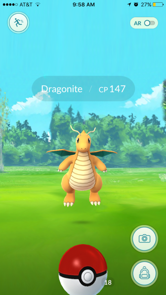 Pokémon Go player Brian Keyes catches a Dragonite Pokémon. By locating Pokémon in real-life locations, players can gain power, reach new levels of the game, and battle other playes;