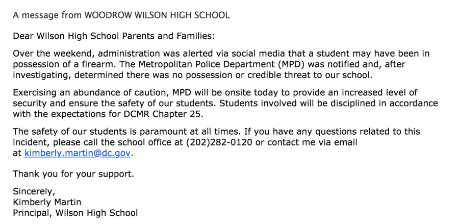 Principal Kimberly Martin sent an email to community members at around 8 am on Tuesday, May 29 to dispel rumors of a potential violent threat to Wilson. 