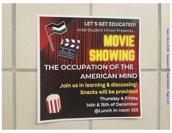 A poster by the Arab Student Union advertising the lunch-and-learn event on December 14th and 15th, before the posters were removed by Principal Brown.