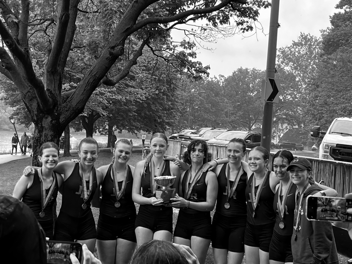 POSING+WITH+THE+CUP+-+The+Girls+Freshman+8+boat+takes+a+team+picture%2C+holding+the+trophy+for+the+Stotesbury+Cup+Regatta.+The+win+was+the+first+Stotes+win+for+JR+Girls+crew.